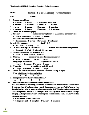 Đề kiểm tra bài 2 môn Tiếng anh lớp 8 - Sở GD & ĐT TP Hồ Chí Minh
